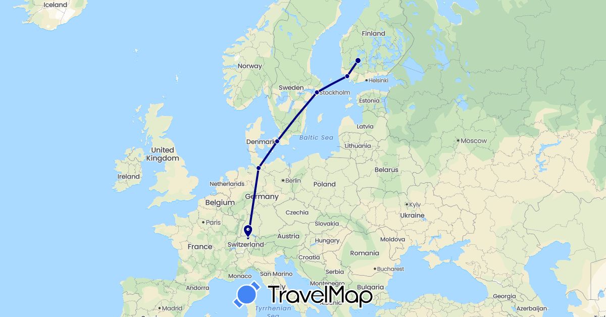 TravelMap itinerary: driving in Switzerland, Germany, Denmark, Finland, Sweden (Europe)